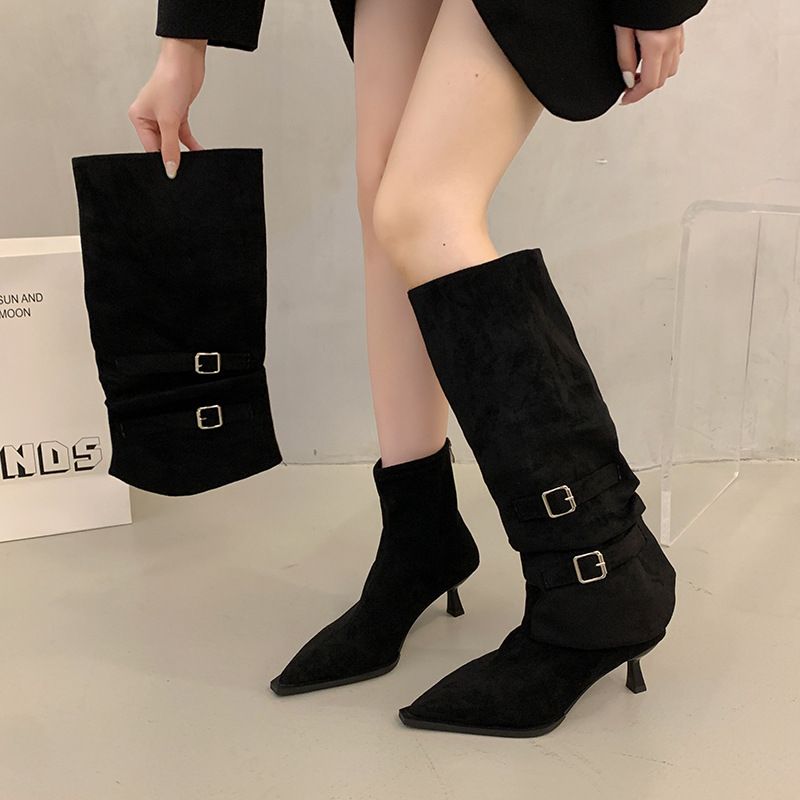 2025 Autumn Winter New Pointed Toe Over-the-Knee Belt Buckle Thin Mid Long Heel High Tube Boots Brown Velvet_vogvips.com