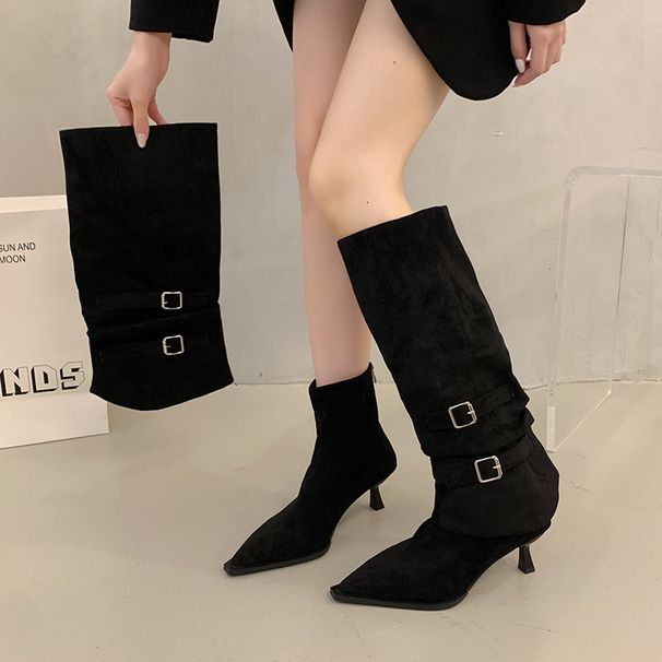 2025 Autumn Winter New Pointed Toe Over-the-Knee Belt Buckle Thin Mid Long Heel High Tube Boots Brown Velvet_vogvips.com