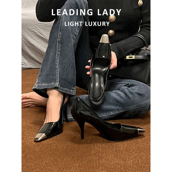 High Heels For Women 2023 Spring And Autumn New Park Chae Young Rose Same Style Metal Square Black Patent Leather Closed_vogvips.com