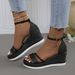 Foreign Trade Plus Size Cross-Border Wedge Thick Sole Peep Toe One-Strap Rhinestone Covered Heel Platform Women's_vogvips.com