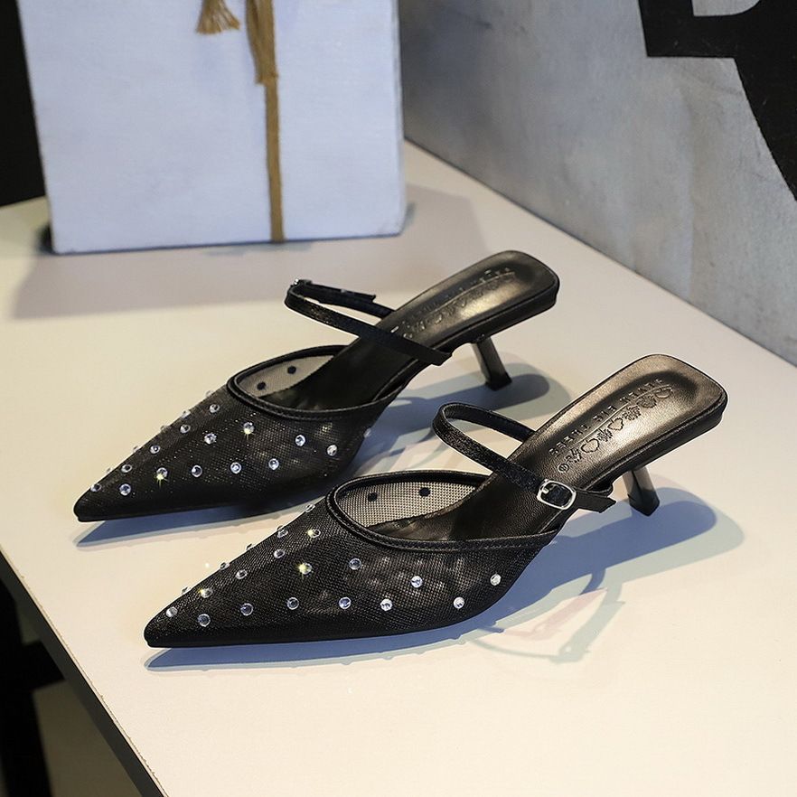 French Mesh Lace Pointed Head Thin Heel Baotou Rhinestone Slippers Outer Wear Hollow Word With Half Drag_vogvips.com
