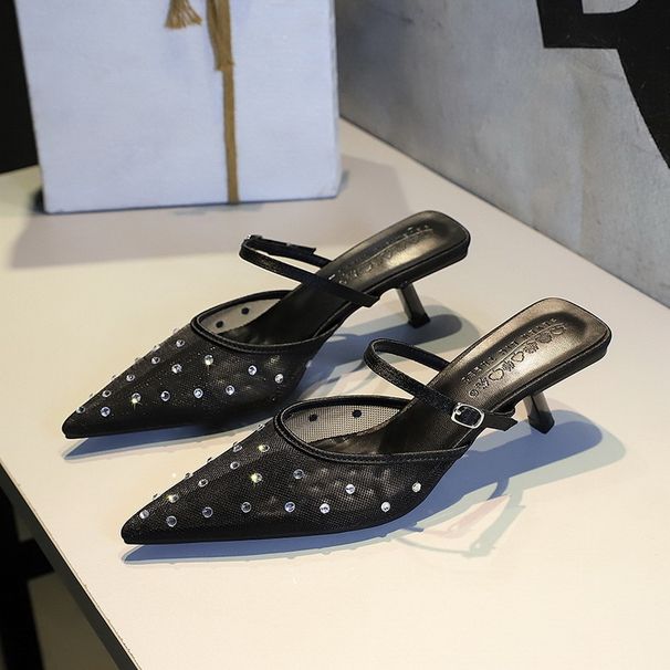 French Mesh Lace Pointed Head Thin Heel Baotou Rhinestone Slippers Outer Wear Hollow Word With Half Drag_vogvips.com
