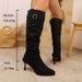 Elegant Pointed Toe Chunky Heel Knee High Boots For Women - Vintage Suede Stacked Boots With Buckle Detail, Comfortable Cotton Lining_vogvips.com