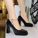 9982-H79TP Korean Version Square Toe Thick Heel Waterproof Platform High-heeled Shoes With Pearl Ribbon And Butterfly_vogvips.com