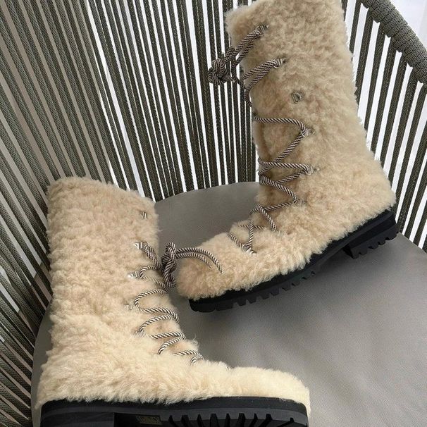 2025 Winter New Flat Versatile Plush Lace-up Ski Mid-calf Warm Fleece Snow Boots For Women_vogvips.com