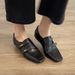 First Encounter With British Style Square-Toed Small Gold Buckle Loafers Women, Black Slip-On Versatile Leather Shoes_vogvips.com