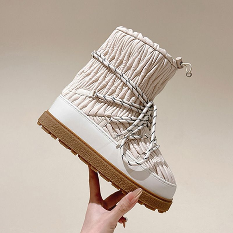 Fashion Pleated Thick-Soled Snow For Women 2024 Winter New Versatile Cotton Shoes Non-Slip Thickened Warm Lace-Up Short_vogvips.com
