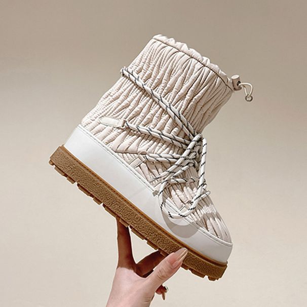 Fashion Pleated Thick-Soled Snow For Women 2024 Winter New Versatile Cotton Shoes Non-Slip Thickened Warm Lace-Up Short_vogvips.com