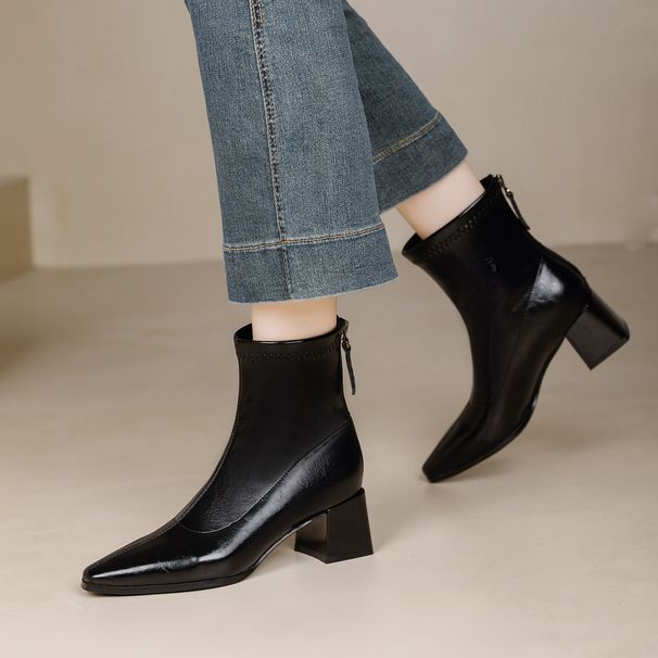 Women's Chunky Heel Ankle Boots 2025 Winter Women's Shoes Pointed Toe Mid-Heel Slim Boots French Style Brown Women's Mid-Calf Boot_vogvips.com