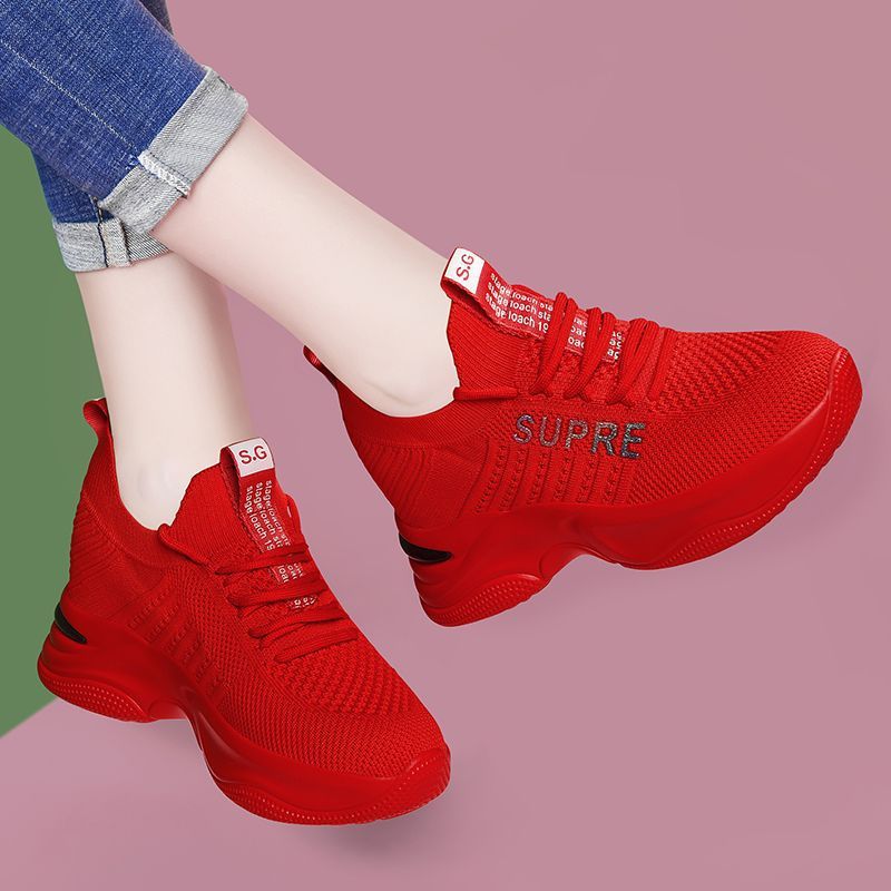 Red Breathable Sneakers 2024 New Model, Thick-soled Women's Spring And Shoes, Thin Autumn Casual Shoes With Internal_vogvips.com