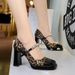 9988 Leopard Print High Women's Square Toe Waterproof Platform Bow Strap Pearl Color Block Chunky Heel Mary Jane Shoes_vogvips.com