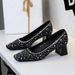 701-1 French-style With Sequins, Beads, Rhinestones, Toe, Square Opening, Chunky Heel, Slip-on, Comfortable And Stylish_vogvips.com
