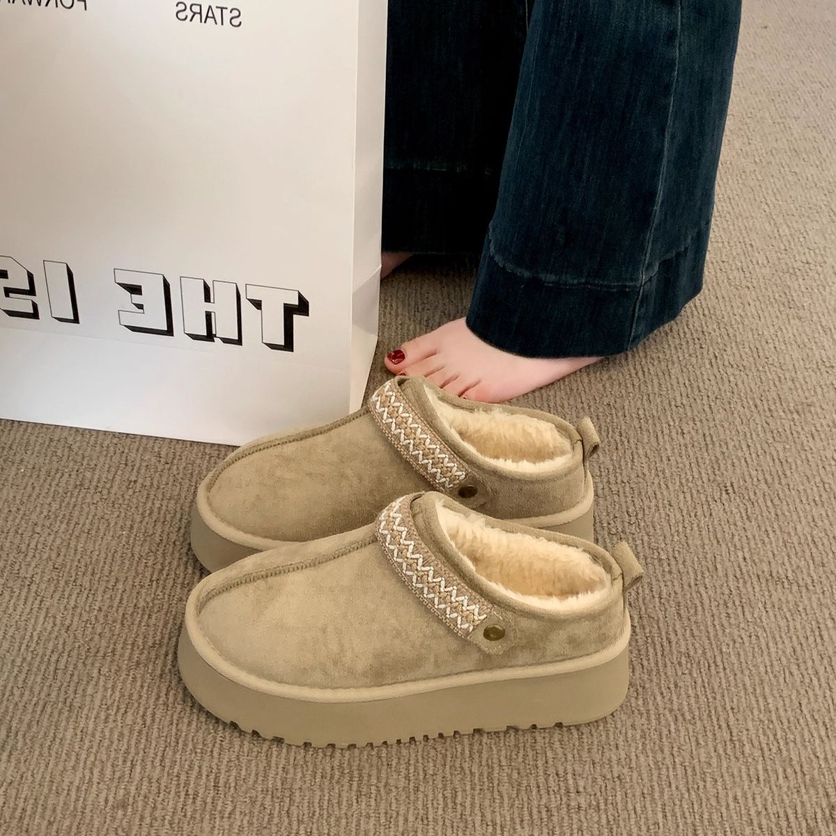 Thick-Soled Fleece-Lined Warm Cotton For Women Autumn Winter New Chinese Style Two-Way Wear Lazy Slip-On Furry_vogvips.com