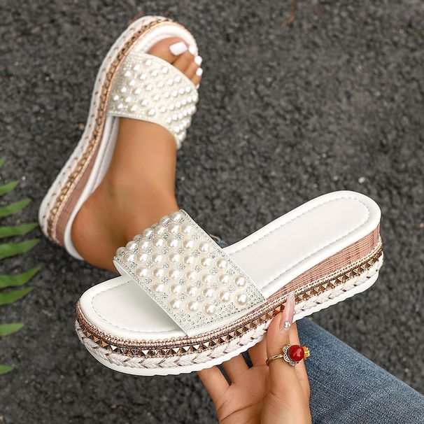 Women's Casual Wedge Sandals Thick Sole Studded plus Size One Strap Summer Slippers_vogvips.com