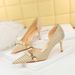 8829-A1 Korean Style High Heel Shallow Mouth Pointed Toe Side Hollow Fabric Plaid Pearl Metal Chain Houndstooth Single_vogvips.com