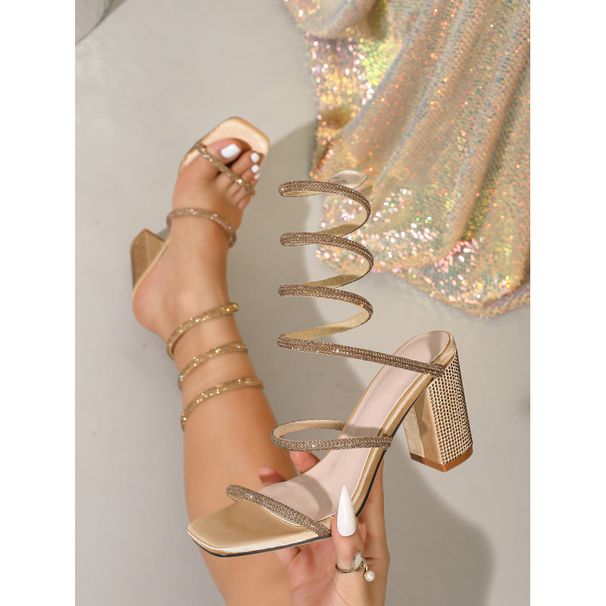 Women's Light Luxury Square Toe Rhinestone Wrap Sandals - Summer Glam Chunky Heel Platform Shoes For Women Super Elegant And Chic._vogvips.com