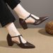 Women's Plus Size Mid Heel Leather Shoes Summer New Style Pointed Toe Chunky Heel Hollow Single Retro Woven_vogvips.com