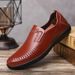 Men's Genuine Leather Casual Shoes With Perforated Design, Breathable Driving Loafers, Comfortable Round Toe Slip-On Shoes For Everyday Wear_vogvips.com