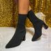 Pointed Toe Fly Knit Stretch 2025 Autumn Winter Plus Size High Chunky Heel Short Boots Women_vogvips.com