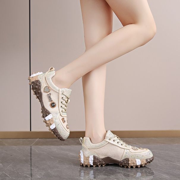 Sparkling Rhinestone Chunky Dad Shoes For Women | Fashion Platform Sneakers With Breathable Knit Upper, Comfortable Walking Shoes_vogvips.com