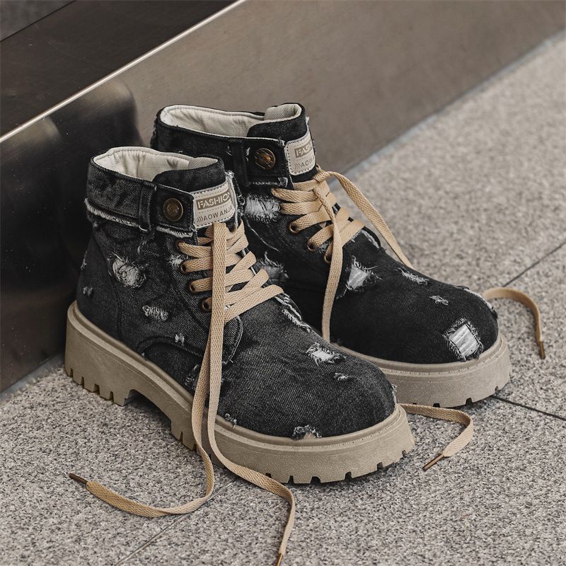 Men's Chunky Sole Cowboy Denim Ankle Boots - Retro Work Boots With Mid-Calf Height & Lace-Up Design For Casual & Streetwear_vogvips.com