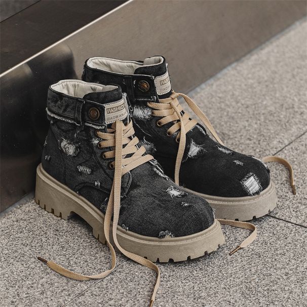 Men's Chunky Sole Cowboy Denim Ankle Boots - Retro Work Boots With Mid-Calf Height & Lace-Up Design For Casual & Streetwear_vogvips.com