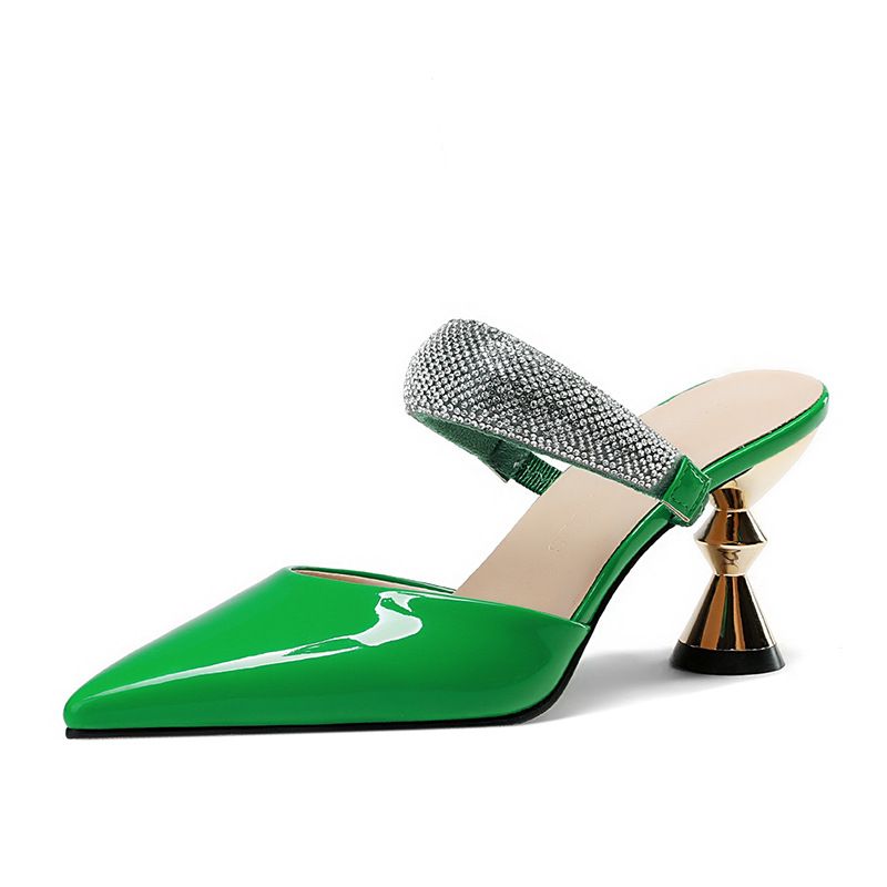 Chunky heel sandals new temperament rhinester mid-heel pointed single shoes_vogvips.com