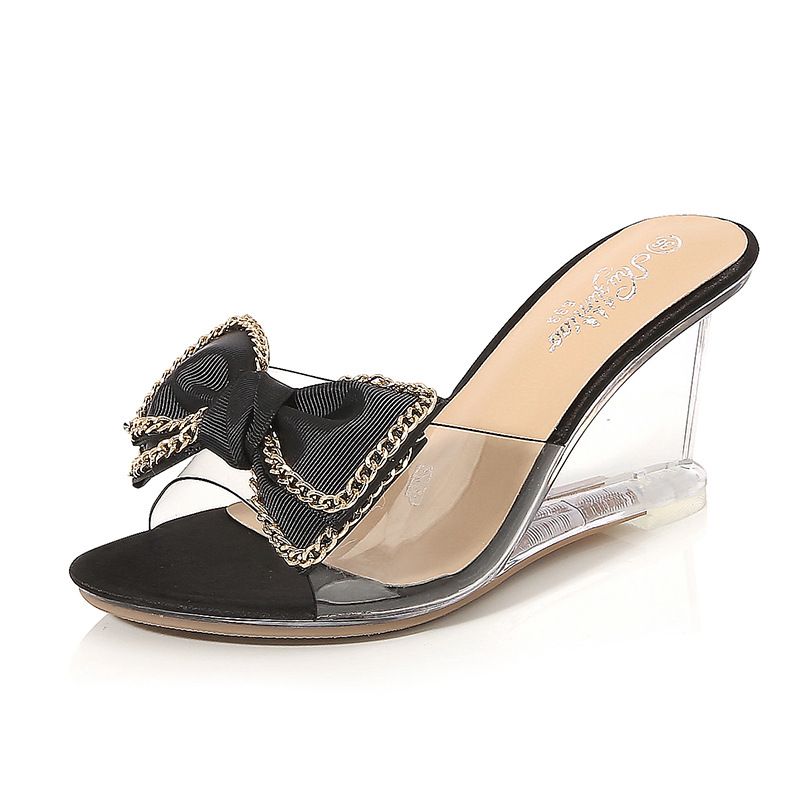 Fairycore Crystal Bow Slides Korean Summer Wedge Sandals For Women Elegant Rhinestone Decor Comfortable Platform Heels_vogvips.com