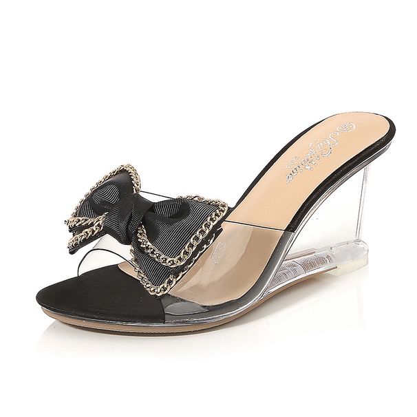Fairycore Crystal Bow Slides Korean Summer Wedge Sandals For Women Elegant Rhinestone Decor Comfortable Platform Heels_vogvips.com