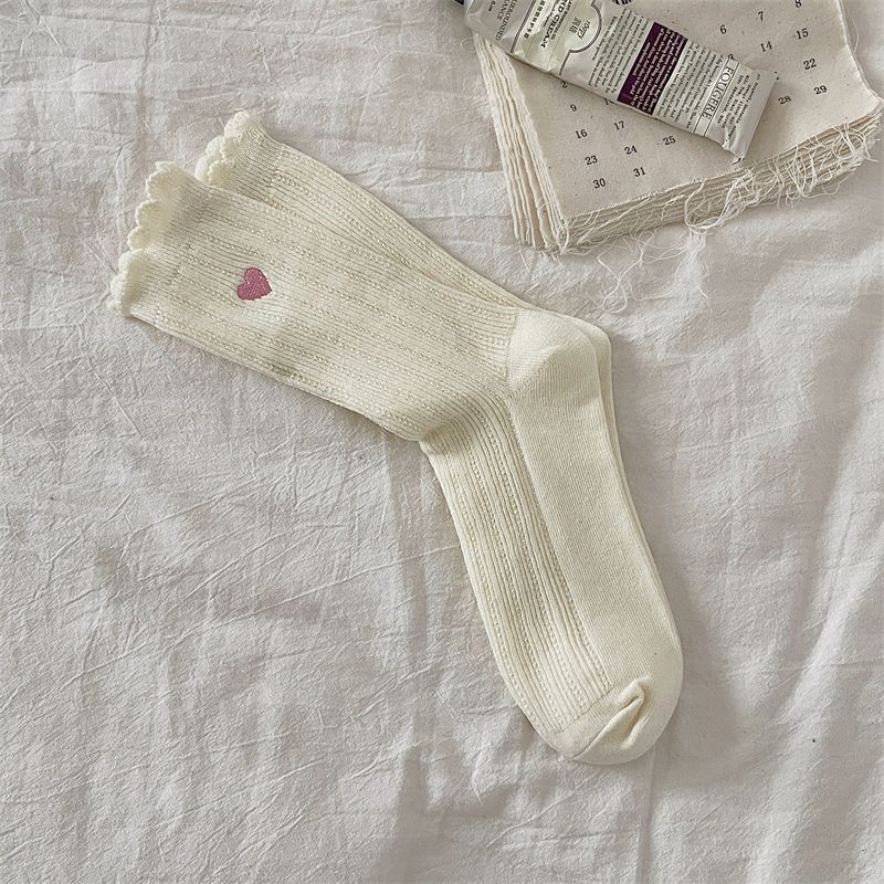 Unisex Embroidered Lace Socks With Heart Pattern, Medium Cuff, Breathable Cotton, Double-Needle Stitching, All-Season Wear_vogvips.com
